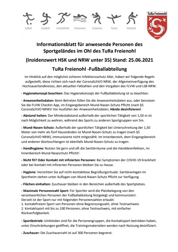 Anlage 1 Informationsblatt für Personen auf dem Sportgeländes des TuRa Freienohl unter 35 06 2021